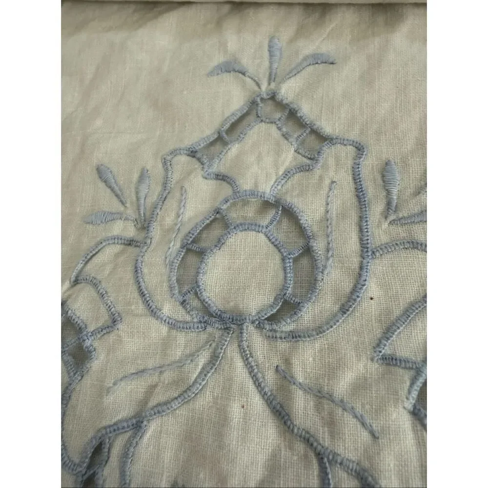 2 Vintage Queen Size Pillowcases Blue Edged Battenburg Lace Detail Scalloped End